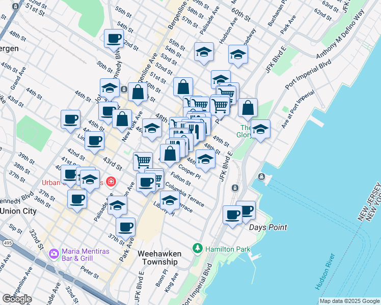 map of restaurants, bars, coffee shops, grocery stores, and more near 56 46th Street in Weehawken