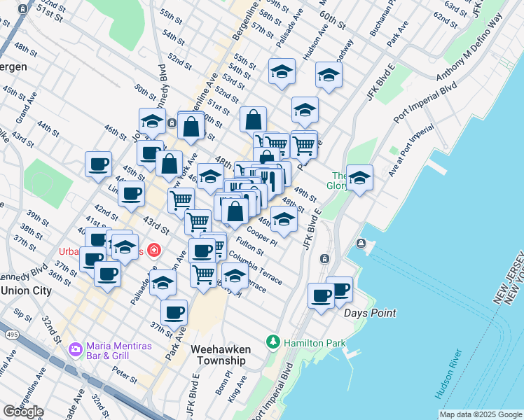map of restaurants, bars, coffee shops, grocery stores, and more near 51 Cooper Place in Weehawken