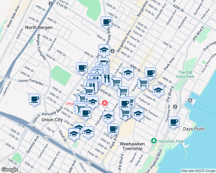 map of restaurants, bars, coffee shops, grocery stores, and more near 4212 New York Avenue in Union City