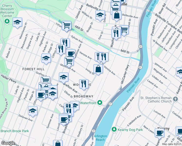 map of restaurants, bars, coffee shops, grocery stores, and more near 81 Montclair Avenue in Newark