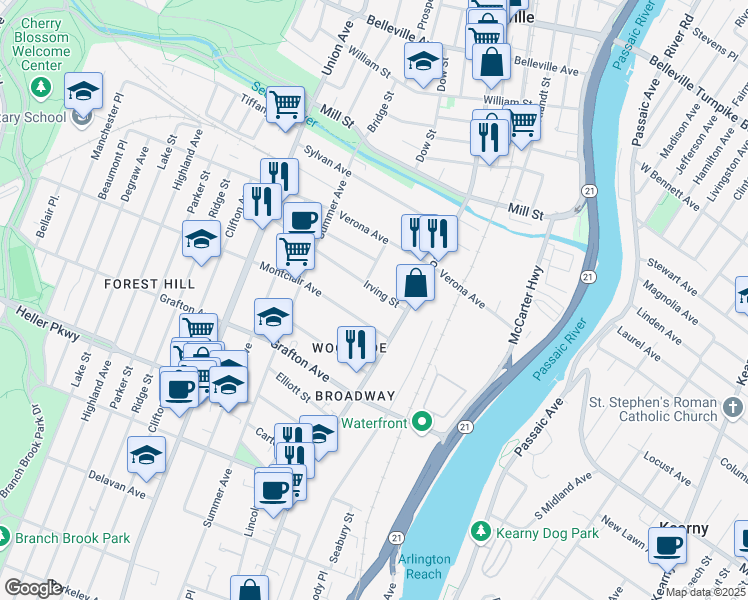 map of restaurants, bars, coffee shops, grocery stores, and more near 81 Montclair Avenue in Newark