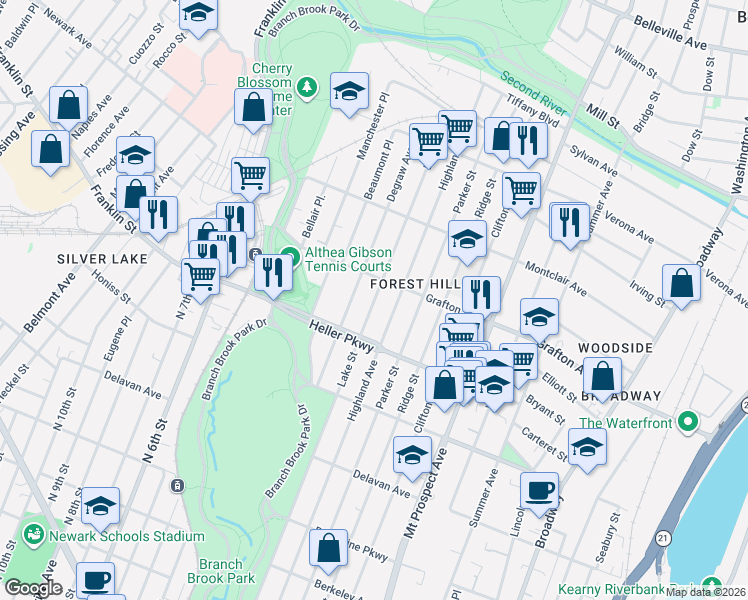 map of restaurants, bars, coffee shops, grocery stores, and more near 768 Lake Street in Newark