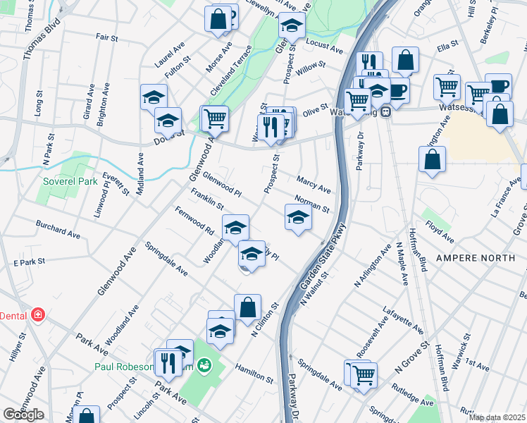 map of restaurants, bars, coffee shops, grocery stores, and more near 394 Prospect Street in East Orange