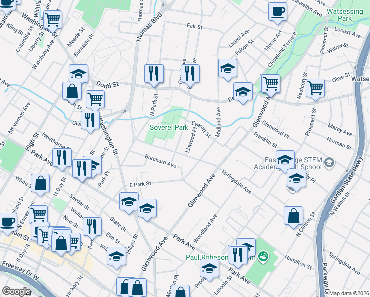 map of restaurants, bars, coffee shops, grocery stores, and more near 673 Springdale Avenue in East Orange