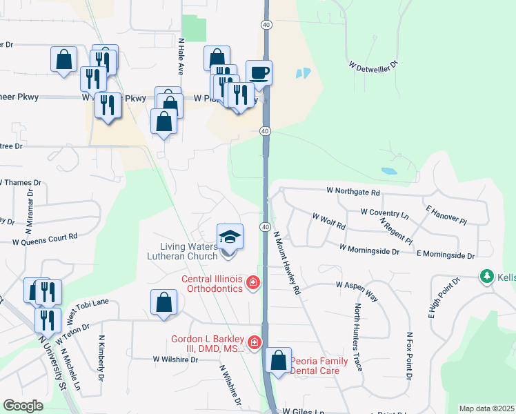 map of restaurants, bars, coffee shops, grocery stores, and more near 7418-7569 North Knoxville Avenue in Peoria