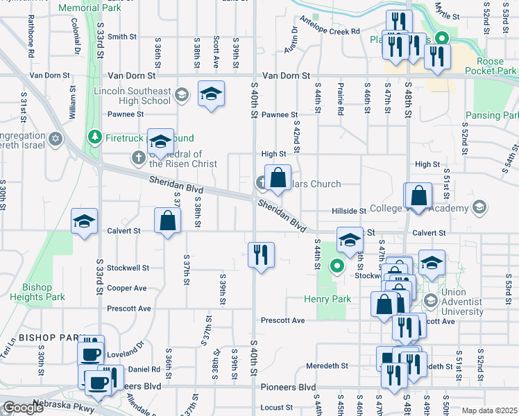 map of restaurants, bars, coffee shops, grocery stores, and more near 3510 South 40th Street in Lincoln