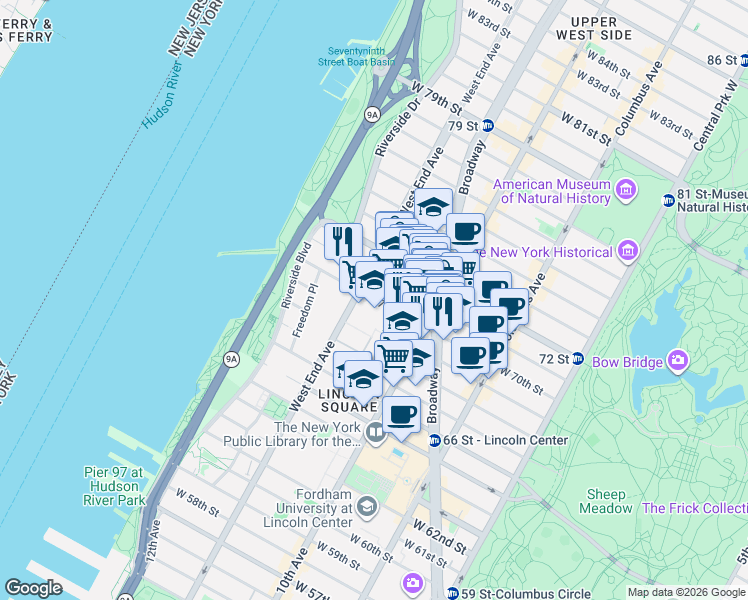 map of restaurants, bars, coffee shops, grocery stores, and more near 22484 West 70th Street in New York