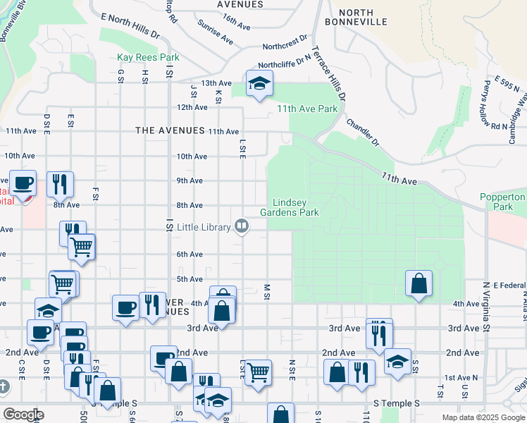 map of restaurants, bars, coffee shops, grocery stores, and more near 780 7th Avenue in Salt Lake City
