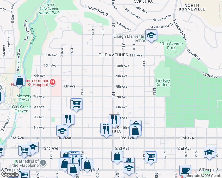 map of restaurants, bars, coffee shops, grocery stores, and more near 358 I Street in Salt Lake City