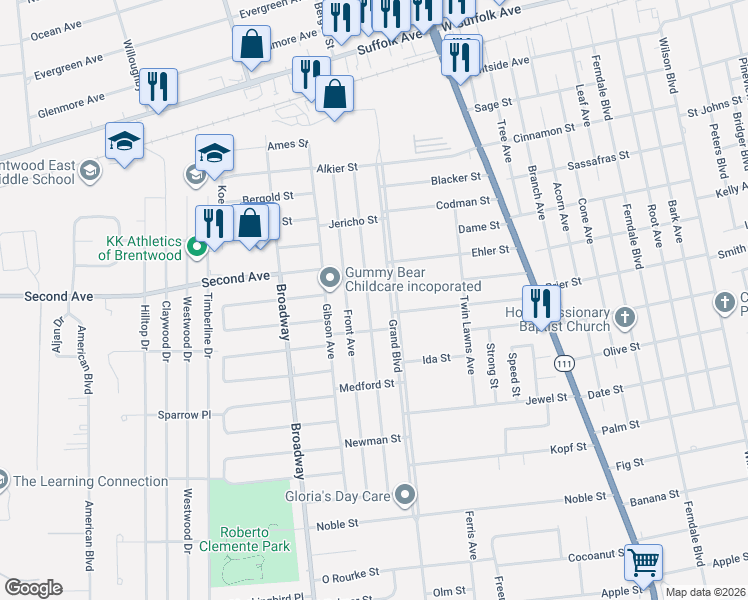 map of restaurants, bars, coffee shops, grocery stores, and more near 172 Grand Boulevard in Brentwood