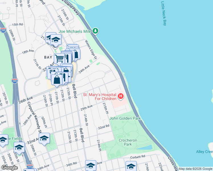 map of restaurants, bars, coffee shops, grocery stores, and more near 28-21 215th Place in Queens