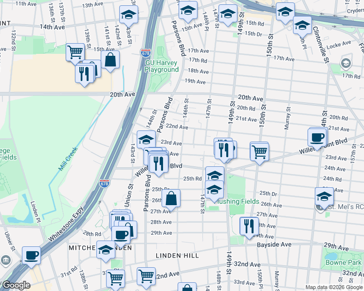 map of restaurants, bars, coffee shops, grocery stores, and more near 146-12 24th Avenue in Queens