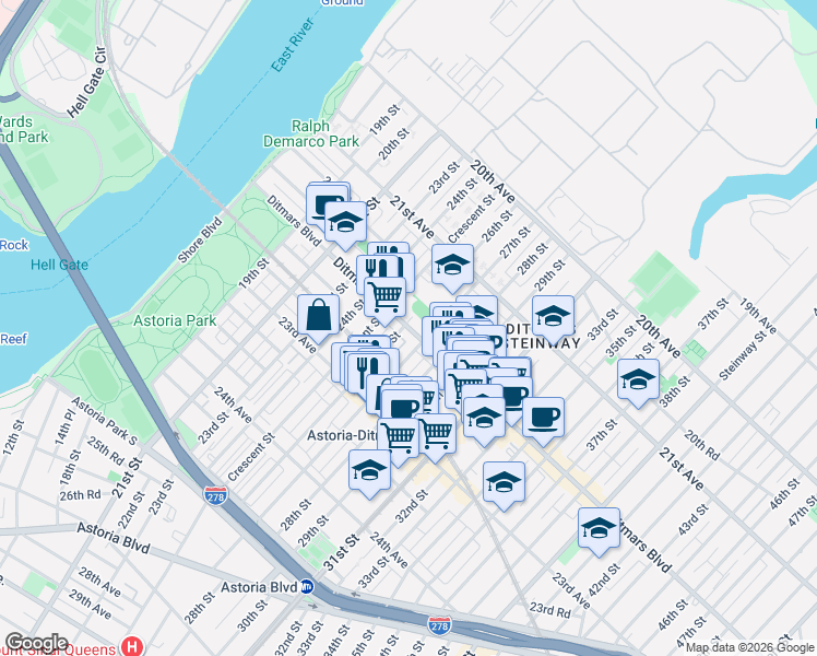 map of restaurants, bars, coffee shops, grocery stores, and more near 22-37 27th Street in Queens