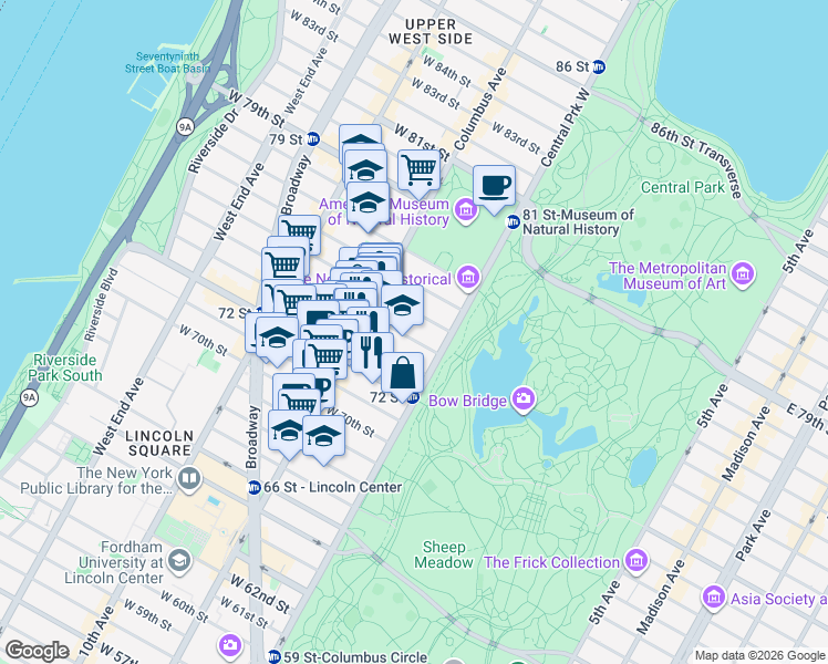 map of restaurants, bars, coffee shops, grocery stores, and more near 4 West 74th Street in New York