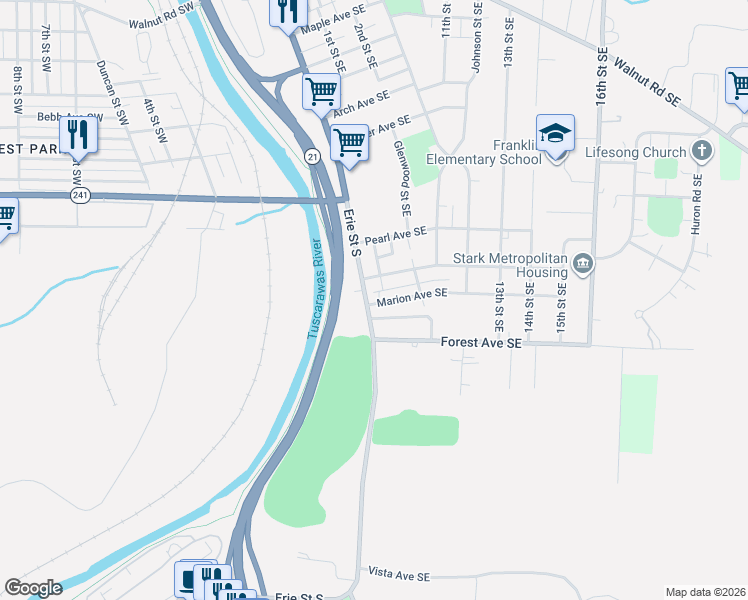 map of restaurants, bars, coffee shops, grocery stores, and more near 19 Chester Avenue Southeast in Massillon