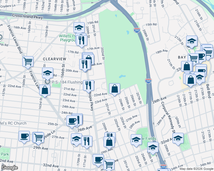 map of restaurants, bars, coffee shops, grocery stores, and more near 199-01 22nd Avenue in Queens