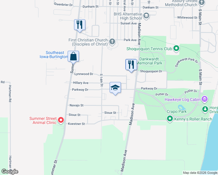 map of restaurants, bars, coffee shops, grocery stores, and more near 1313 Parkway Drive in Burlington
