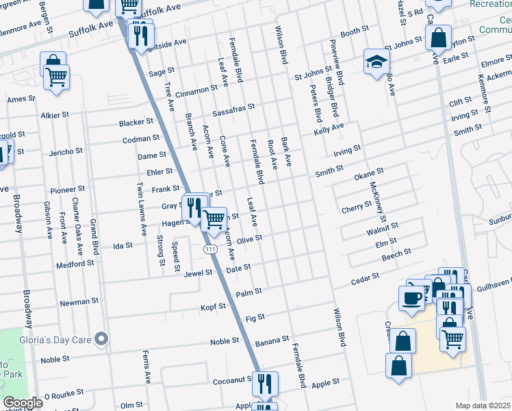 map of restaurants, bars, coffee shops, grocery stores, and more near 85 Leaf Avenue in Central Islip