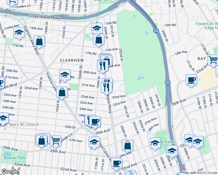 map of restaurants, bars, coffee shops, grocery stores, and more near 169-24 21st Road in Queens