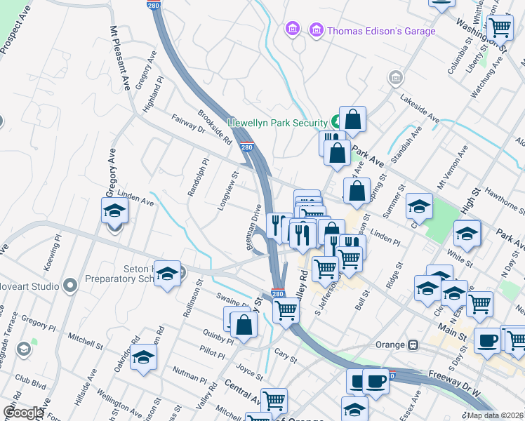 map of restaurants, bars, coffee shops, grocery stores, and more near 50 Lindsley Avenue in West Orange