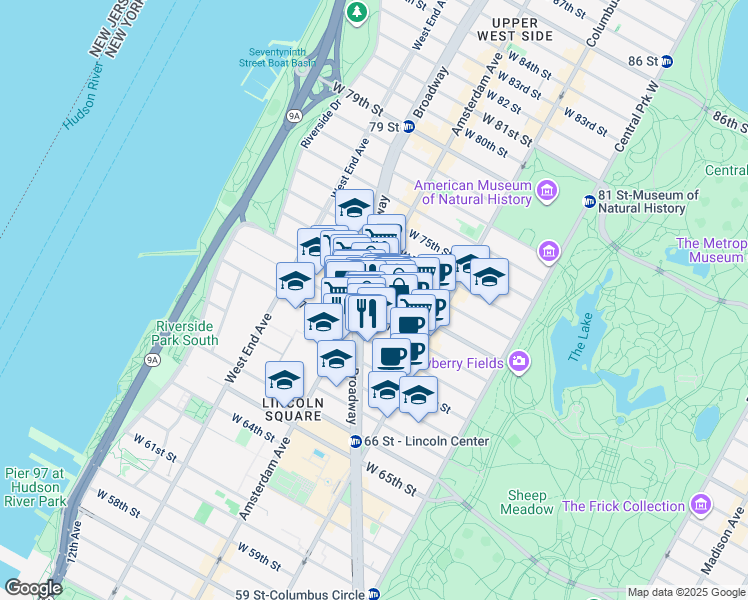 map of restaurants, bars, coffee shops, grocery stores, and more near 170 West 72nd Street in New York