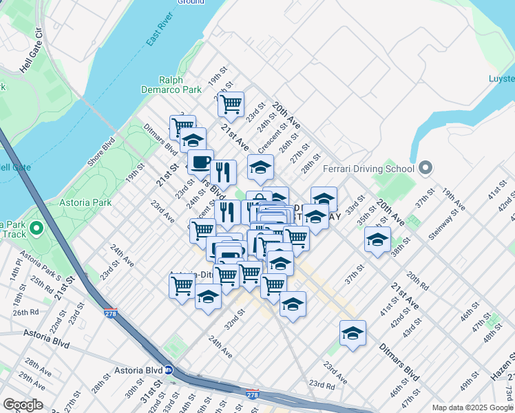 map of restaurants, bars, coffee shops, grocery stores, and more near 21-59 27th Street in Queens