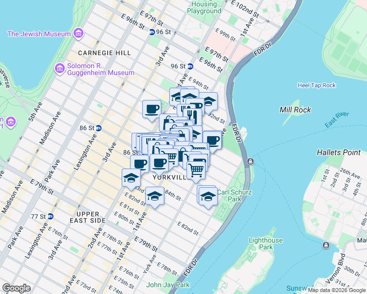 map of restaurants, bars, coffee shops, grocery stores, and more near 1689 1st Avenue in New York
