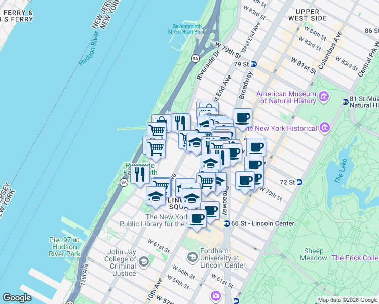map of restaurants, bars, coffee shops, grocery stores, and more near 200 West End Avenue in New York