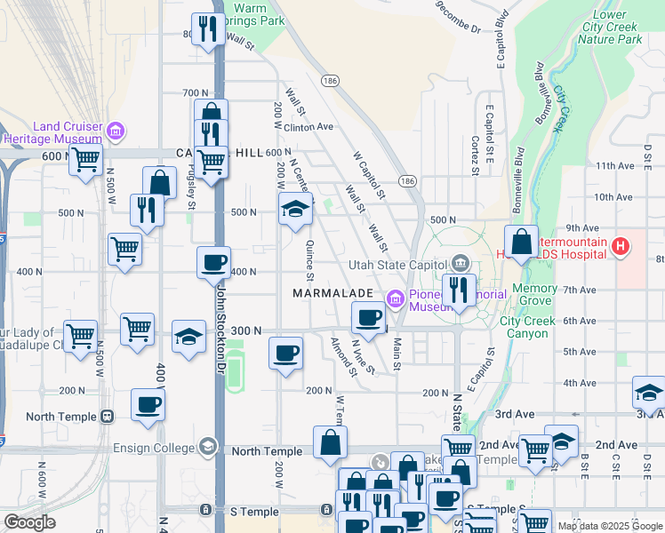 map of restaurants, bars, coffee shops, grocery stores, and more near 129 West 400 North in Salt Lake City