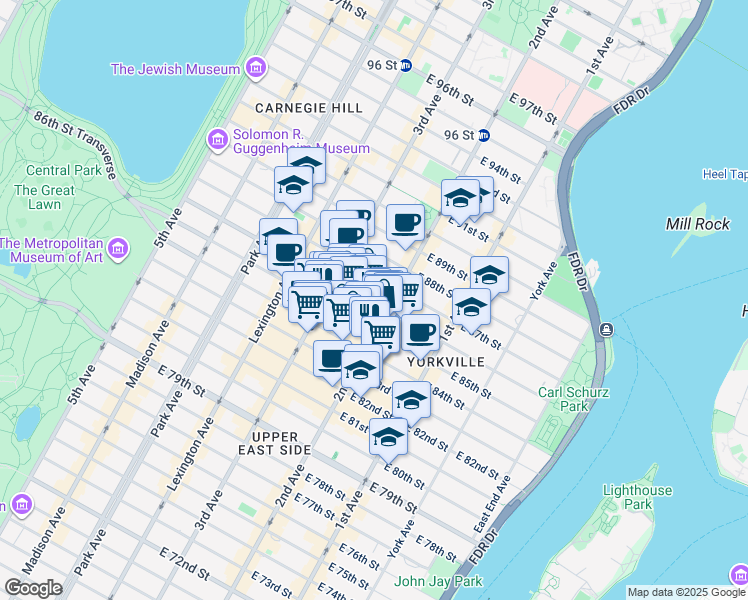 map of restaurants, bars, coffee shops, grocery stores, and more near 247 East 87th Street in New York