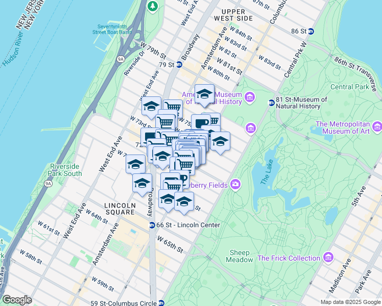 map of restaurants, bars, coffee shops, grocery stores, and more near 53 West 72nd Street in New York