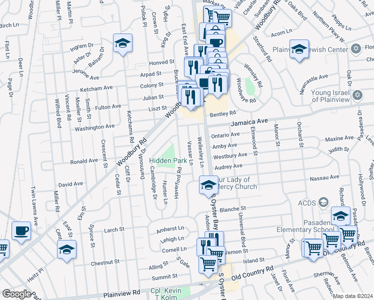 map of restaurants, bars, coffee shops, grocery stores, and more near 53 Vassar Lane in Hicksville