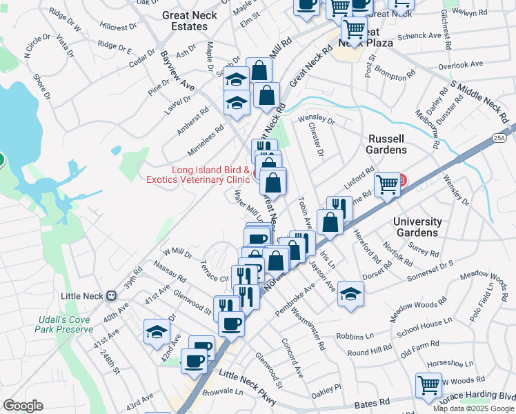 map of restaurants, bars, coffee shops, grocery stores, and more near 341 Great Neck Road in Great Neck