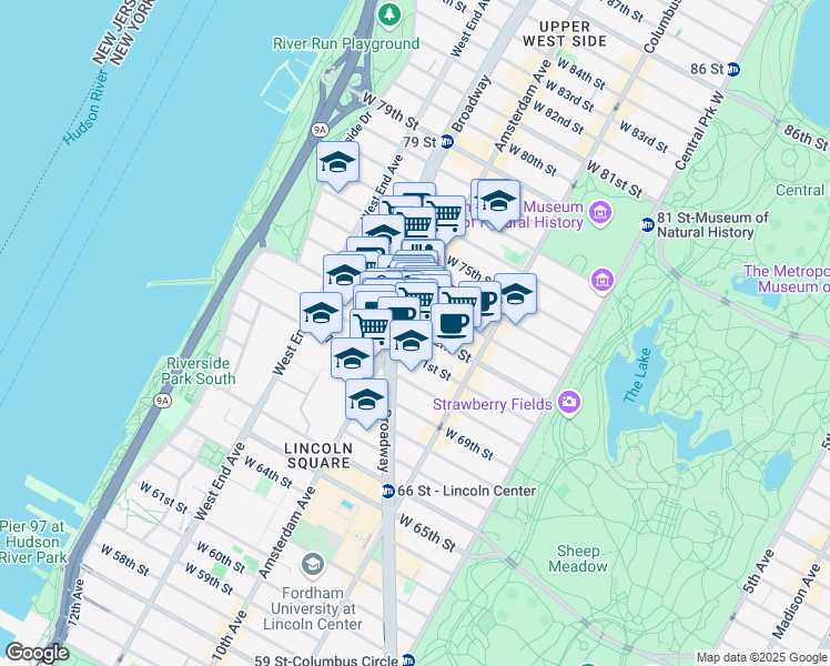 map of restaurants, bars, coffee shops, grocery stores, and more near 166 West 72nd Street in New York