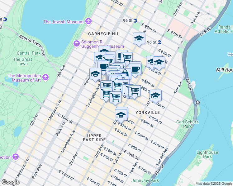 map of restaurants, bars, coffee shops, grocery stores, and more near 1529 3rd Avenue in New York