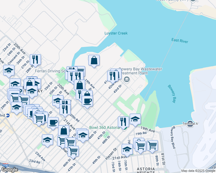 map of restaurants, bars, coffee shops, grocery stores, and more near 18-26 41st Street in Queens