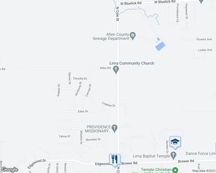 map of restaurants, bars, coffee shops, grocery stores, and more near 2885 North Cole Street in Lima