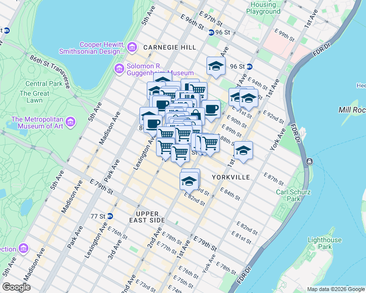 map of restaurants, bars, coffee shops, grocery stores, and more near 210 East 86th Street in New York