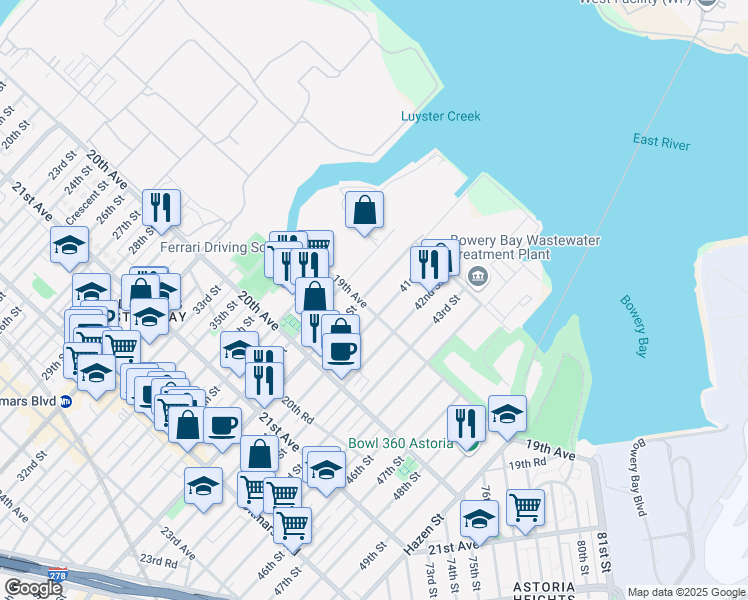 map of restaurants, bars, coffee shops, grocery stores, and more near 18-58 Steinway Street in Queens