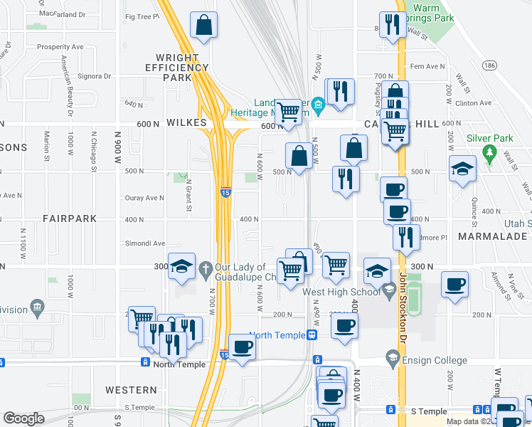 map of restaurants, bars, coffee shops, grocery stores, and more near 576 West 400 North in Salt Lake City