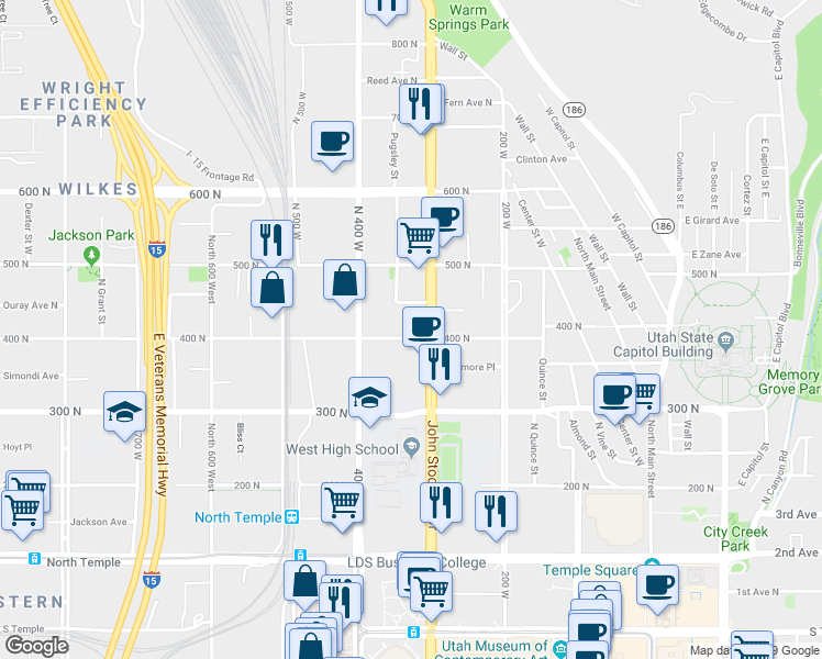 map of restaurants, bars, coffee shops, grocery stores, and more near 320 West 400 North in Salt Lake City