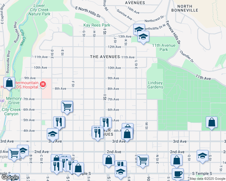 map of restaurants, bars, coffee shops, grocery stores, and more near 424 J Street in Salt Lake City
