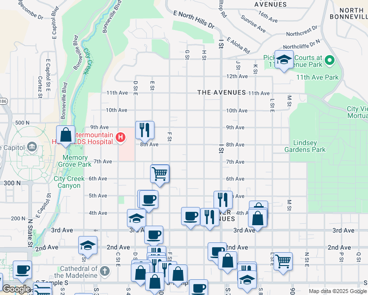 map of restaurants, bars, coffee shops, grocery stores, and more near 417 G Street in Salt Lake City