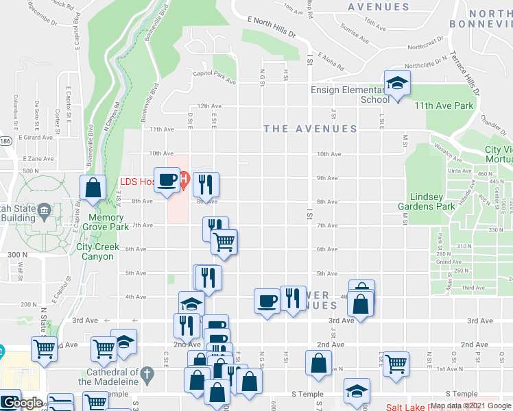 map of restaurants, bars, coffee shops, grocery stores, and more near 417 G Street in Salt Lake City