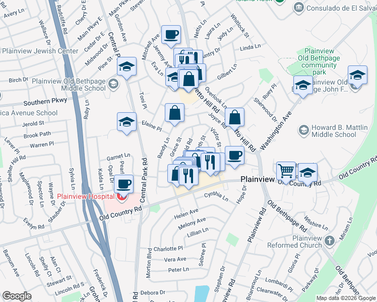 map of restaurants, bars, coffee shops, grocery stores, and more near 27 Harold Road in Plainview