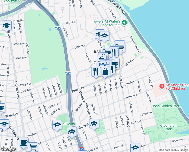 map of restaurants, bars, coffee shops, grocery stores, and more near 2 Bay Club Drive in Queens