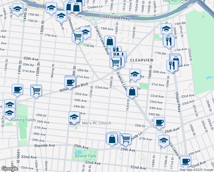 map of restaurants, bars, coffee shops, grocery stores, and more near 157-46 21st Avenue in Queens