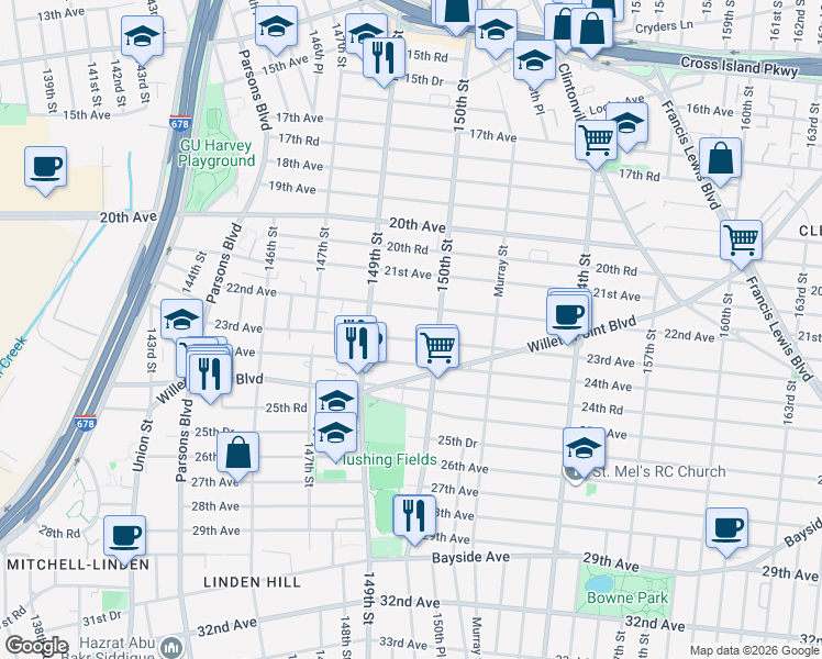 map of restaurants, bars, coffee shops, grocery stores, and more near 21-32 150th Street in Queens
