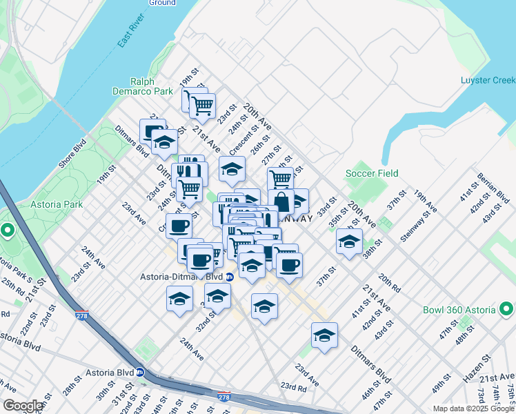 map of restaurants, bars, coffee shops, grocery stores, and more near 21-15 27th Street in Queens
