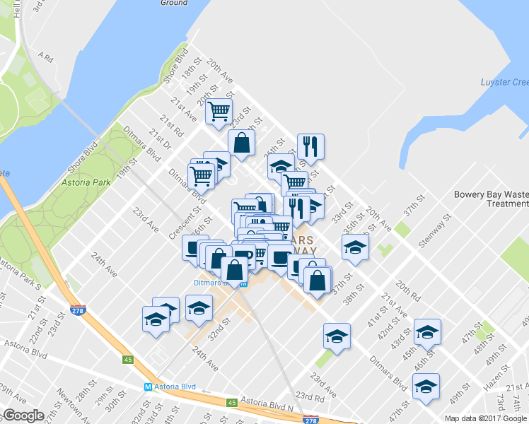 map of restaurants, bars, coffee shops, grocery stores, and more near 21-15 27th Street in Queens